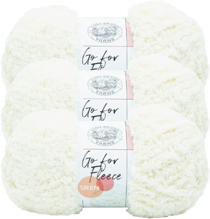 Lion Brand Yarn, Go for Fleece Sherpa Jumbo Yarn for Knitting, Crochet, and Crafts, Cream, 3 Pack, Soft Fiber for Cozy Blankets, Plush Hoodies, and Fluffy Stuffed Animals