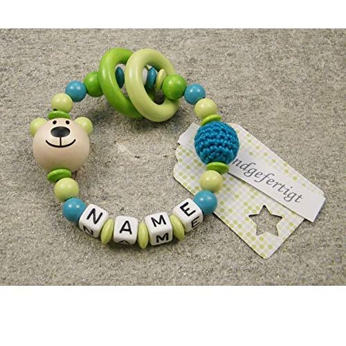 Baby Greifling Beißring geschlossen mit Namen - individuelles Holz Lernspielzeug als Geschenk zur Geburt Taufe - Mädchen Jungen Motiv Bär in lemon grün