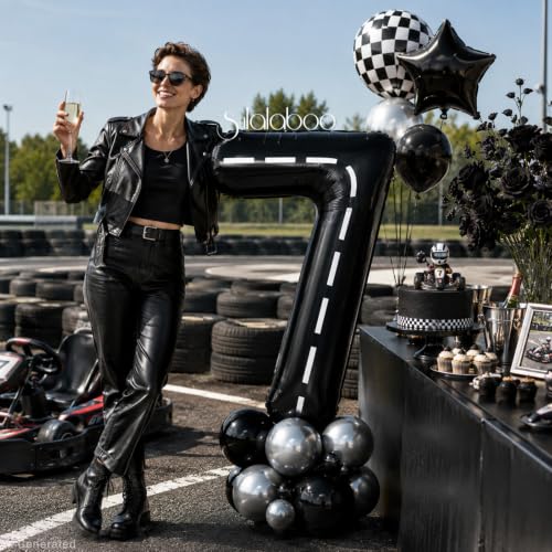 Image of Race Car 40 Inch Black 7 Big Large Helium Balloon Number 0-9 | Track Giant Digital 7th Foil Mylar Party Balloons for Men Birthday Car Theme Party Anniversary Graduation Decorations