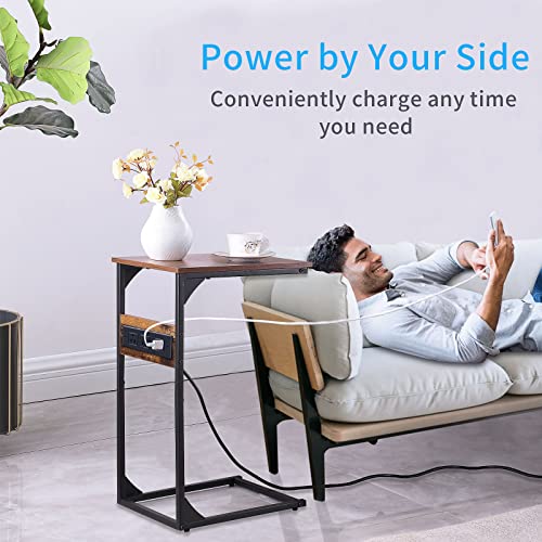 Ga Home C Shaped End Table With Charging Station, Small Side Tables With Usb Port & Outlet, Sofa Couch Bed Side Table,Snack Table, Metal Frame, For Living Room, Bedroom, Small Space #TOP2
