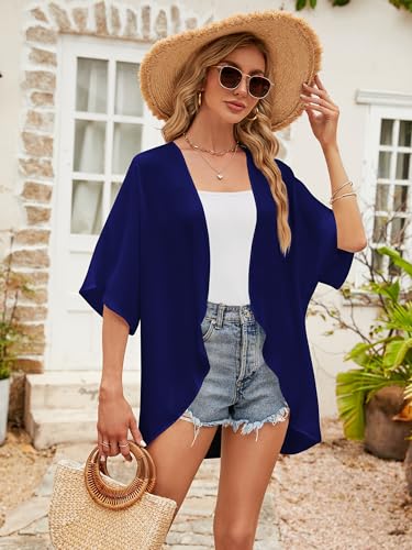 Image of Chunoy Women Loose Lightweight Chiffon Kimono Cardigan Short Sleeve Beach Wear Cover Up Blouse Top Blue Medium