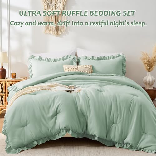 Image of FUANNA Full Size Comforter Sets Sage Green, 3 Pieces Ruffle Full Size Bedding Sets, Fluffy Bed in a Bag Full for All Seasons, Shabby Chic Full Bed Set with 1 Lightweight Comforter & 2 Pillowshams