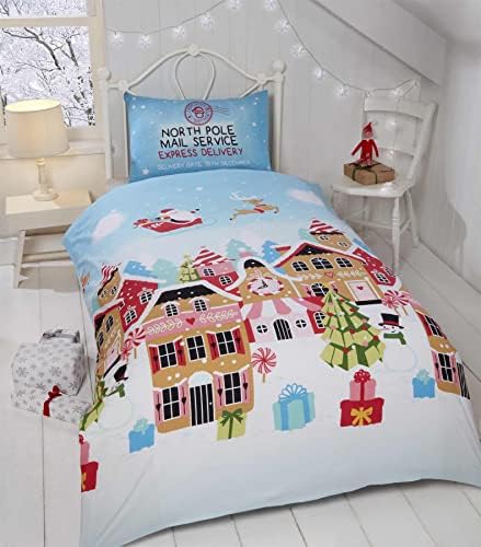 Rapport Gingerbread Town Single Duvet Cover Children's Christmas Bedding Set Festive, Blue