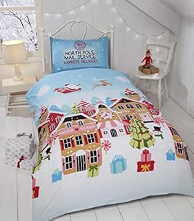 Rapport Gingerbread Town Single Duvet Cover Children's Christmas Bedding Set Festive, Blue