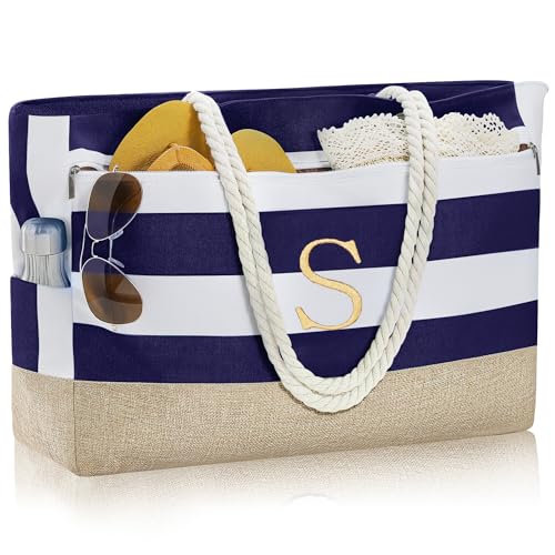 YOOLIFE Initial Beach Bags for Women Gifts for Women Birthday, Dark Blue S