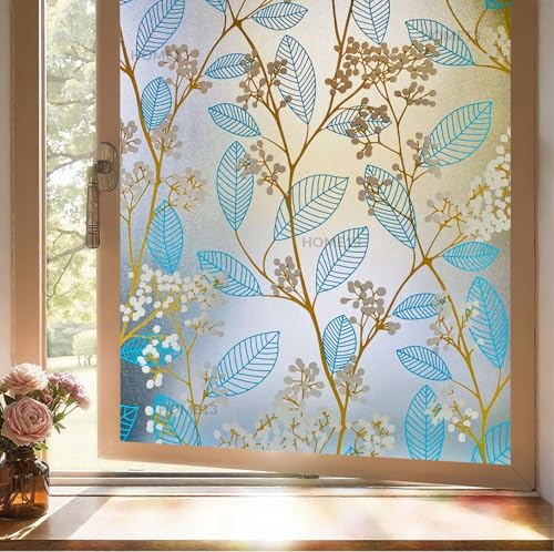 Image of HOME13 Window Privacy Film Frosted Glass Film Decorative Window Sticker Removable Window Film Home Office Privacy Film Window Coverings (Blue Leaves, 1 Feet by 8 Feet)