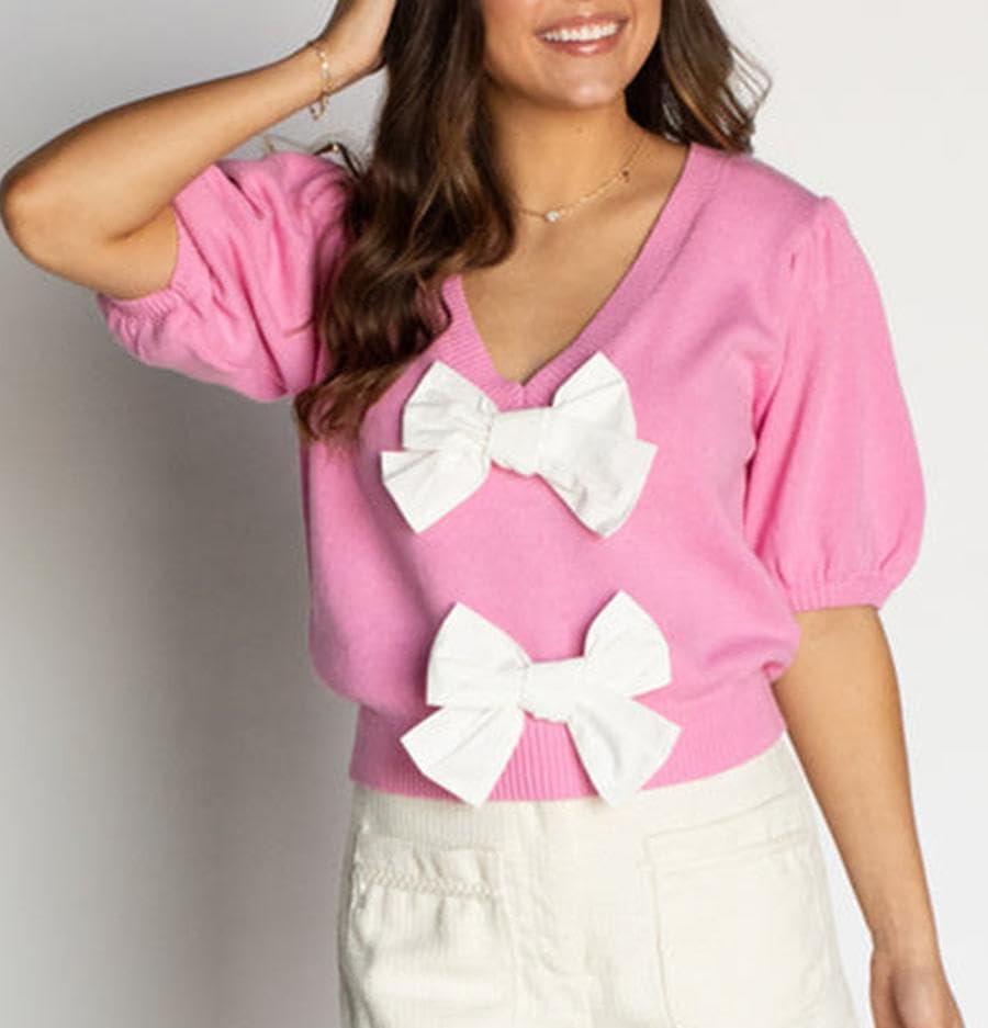 Womens Short Puff Sleeve Cropped Knit Sweater Tops V Neck Double Bow Tie Solid Color Casual Pullover Sweater4