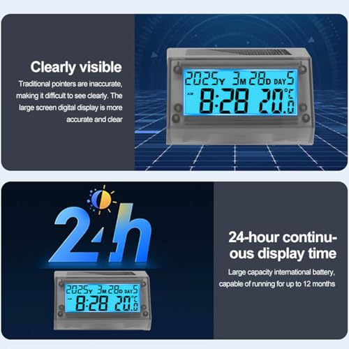 VEQENMOT Solarbetriebene LCD-Uhr - Wasserdichte stoßfeste Auto-Multifunktions-Digitaluhr mit Zeit, Datum, Woche, Temperatur, Haltebügel für Auto, Motorrad, Fahrrad, blaues Licht
