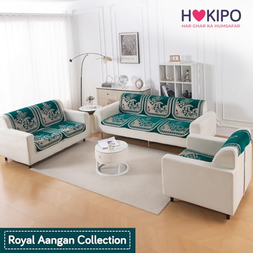 Image of HOKIPO Mehfil Teal Premium Chenille Jacquard Sofa Cover 6 Seater Set - Washable 3+2+1 Sofa Panel for Seat & Back | 'Royal Aangan Series' (IN-1008 * 2 + IN-1007 * 2 + IN-1006 * 2-L7)
