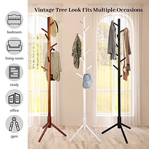 Dadill Wooden Tree Coat Rack With 3 Adjustable Sizes, 8 Hooks, Easy Assembly Free Standing Solid Coat Hanger Stand For Clothes, Garment, Hats, Umbrellas, Scarves In Hallway, Entryway, Black #TOP1
