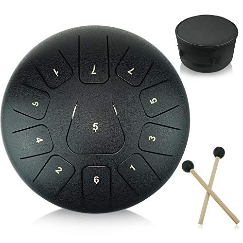 "OcarinaWind" 12 inches Steel Tongue Drum Black 11 Notes,C Major,Hang Drum with Padded