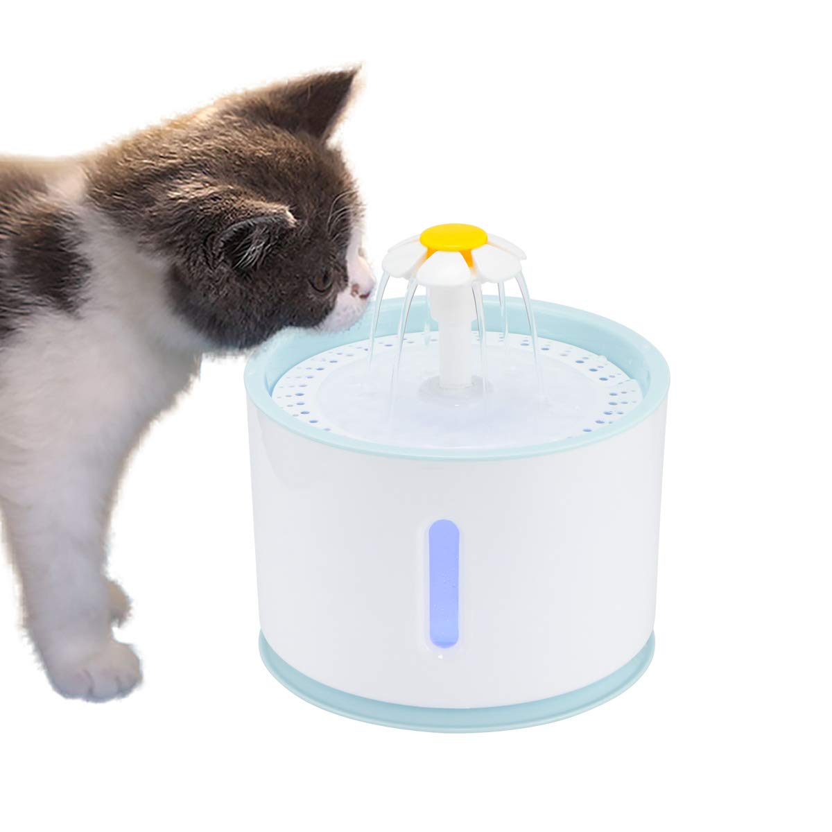 ALLOMN Wasserspender für Haustiere, Automatischer Katzenspender für Hunde Unterstützung 3 Wasserflussmodi Stumm Aktivkohle mit Edelstahldeckel und USB-Kabel (2,4 L) (Blau)