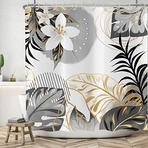 ASDCXZ Duschvorhang Schwarz Gold Blätter 180x180 cm, Abstrakt Handgemalt Weiß Blumen Tropical Blätter Waschbar Bad Duschvorhänge Wasserdicht Polyester Textil Duschvorhang für Badewanne mit 12 Hake