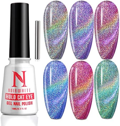 Noirwhite Cat Eye Gel Nail Polish 10ml*1pcs, Holographic Glitter Rainbow Cat Eye Gel Polish with 1Pcs Magnetic Stick for Nail Art Design Soak Off UV LED Magnetic Nail Polish Cat Eye Effect Professional Salon Home DIY