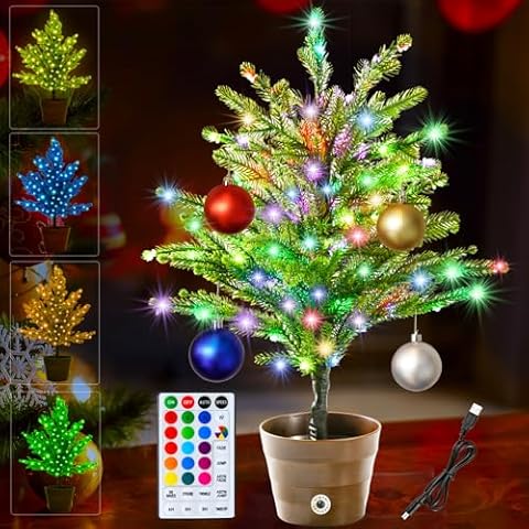 18 Colors Artificial Mini Christmas Tree, 20In Lighted Tabletop Xmas Tree with Color Changing LED Lights, Pre-Lit Small Christmas Tree in Pot Remote Timer Festive Party Holiday Fake Multicolored Tree Cover
