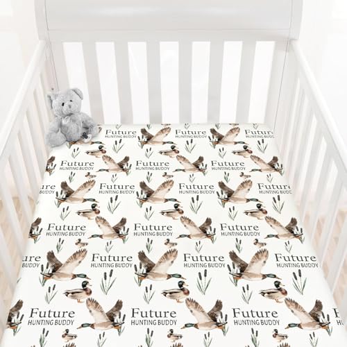 Image of HawSkgFub Future Duck Hunting Buddy Fitted Standard Crib Sheet for Baby Boy, Mallard Duck Hunter Wild Animal Lake Toddler Mattress Cover, Soft Stretchy Nursery Bed Sheets Decor Kids Gift 52" x 28"