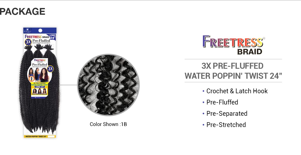 Shake N Go FreeTress Crochet Braids 3X Pre-Fluffed Water Poppin' Twist 24 inch (5-pack, 1B)