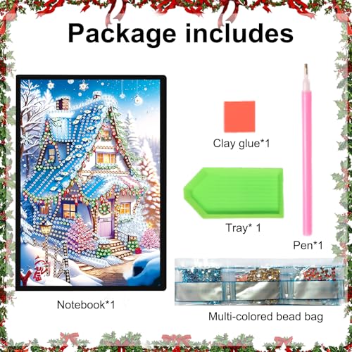 Image of 5D Diamond Painting Notebook, DIY Snowy Christmas House Leather Cover Diary, Special Shaped Diamond Art Sketchbook, 100 Pages /50 Sheets A5 Blank Journal for Writing, Office, Study, 21 x 14.5 cm