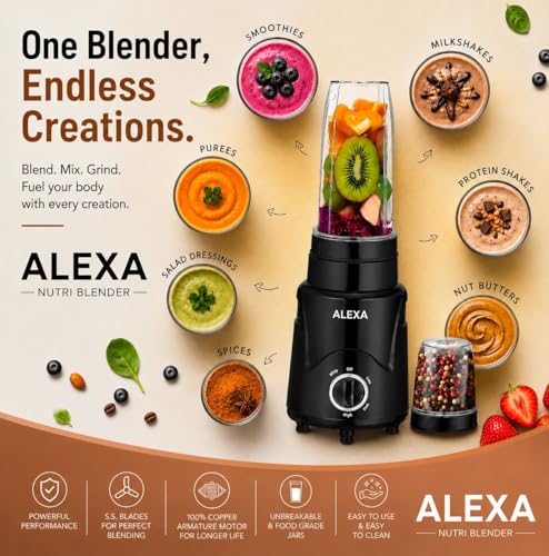 Image of Pringle AlexaPro Nutri Blender 450W | Smoothie Maker & Mixer Grinder | 2 Food Grade Jars | Dual Blade System | Compact Kitchen Blender | 1 Year Warranty | Black