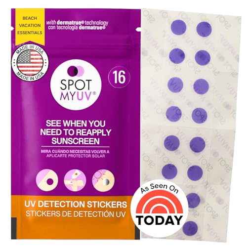 Image of SpotMyUV UV Detection Stickers for Sunscreen with Patented Dermatrue SPF Sensing Technology, Know When to Reapply Sunscreen to Help Prevent Sunburn, 16 Count