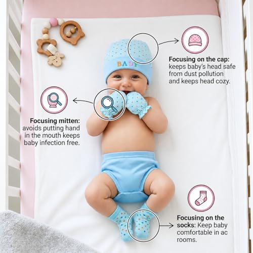 Image of First Kick Baby Mitten Booty Cap Set - 3 Sets (Multicolour) Mittens for New Born Baby 0-3 Months | Useful | Pocket-Friendly | Soft New Born Cotton