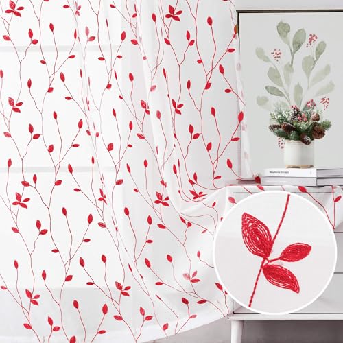 WUBODTI Cortina transparente bordada de hojas rojas de 160 cm de largo, juego de 2 paneles para sala de estar, bolsillo para cortinero, cortinas de lino sintético con patrón de hojas de verano para