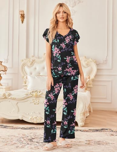 Image of Ekouaer 2 Pack Womens Pajamas Short Sleeve Sleepwear Top with Pants Super-Soft Printed Lounge Sets S-XXL