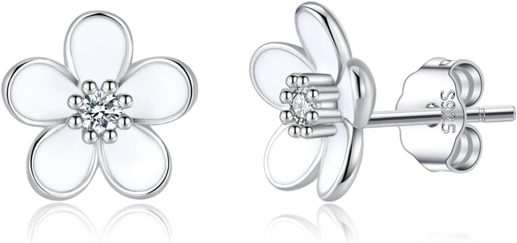 SLUYNZ Solid 925 Sterling Silver Flower Stud Earrings for Women Teens White Flower Stud Earrings Spring