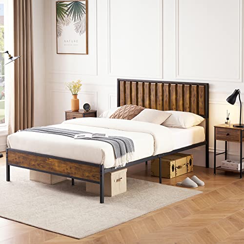 Garvee Full Size Bed Frame with Wood Headboard, Metal Bed Frame with 14 Heavy Duty Steel Slats, No Box Spring Needed, Noise-Free, Easy Assembly, Retro