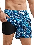 Bañador Hombre Secado Rápido con Bolsillo, Pantalones Cortos de Natación 2 en 1 con Forro de Compresión, Bañadores Deportivos para Playa, Piscina y Entrenamiento, P1 Ondas Azul Palmeras, L