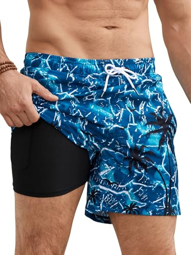 Image of Mens Swim Trunks Compression Liner No Mesh Swimming Trunks Men Swimwear Quick Dry Above Knee Zipper Pocket Swim Shorts