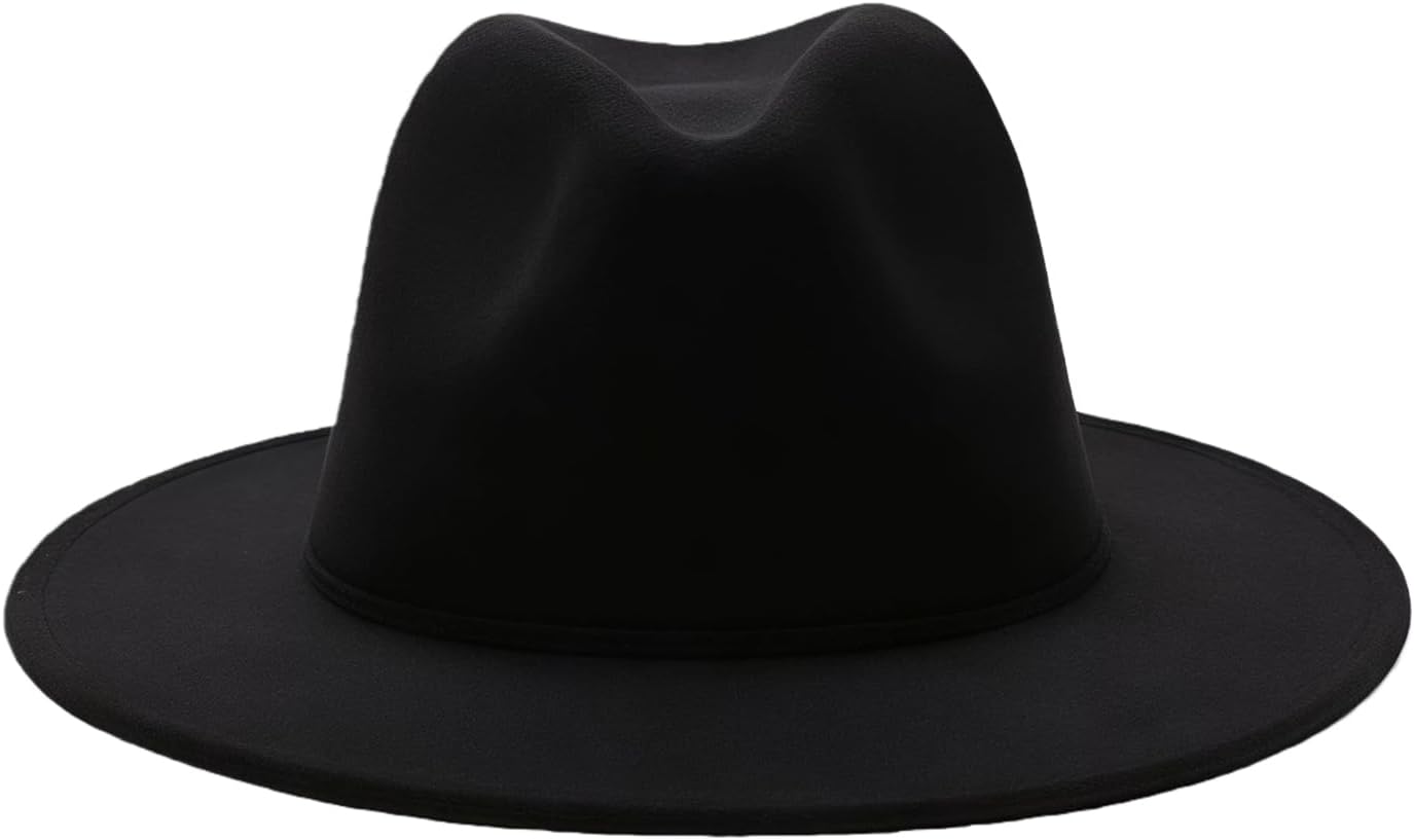 Women's Black Elegant Wide Brim Fedora Flat Panama Hat Cap