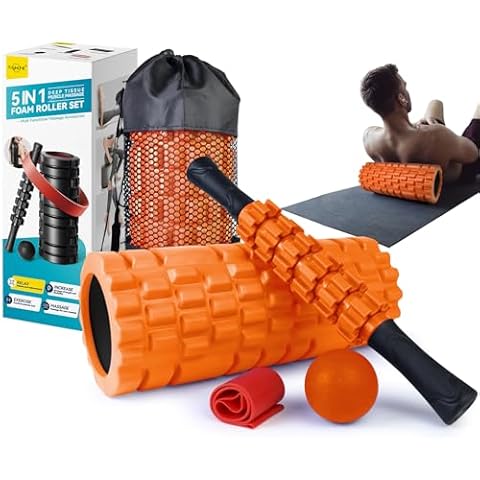 Krightlink 5 in 1 Foam Roller Set for Deep Tissue Muscle Massage, Trigger Point Fitness Exercise Foam Roller, Massage Roller, Massage Ball, Stretching Strap, for Whole Body (Orange Black) Cover