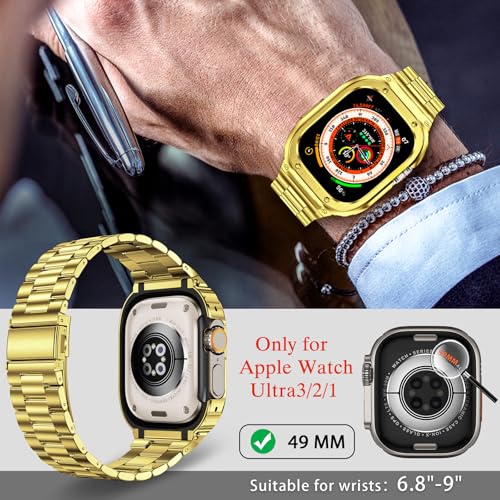 Image of Stainless Steel Band and Case Compatible with Apple Watch Band 49mm | Men Metal Protective Bumper Cover with Straps for iWatch 49mm Series Ultra 3, Ultra 2, Ultra, Gold