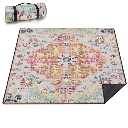 Picnic Blankets Extra Large Waterproof, 80"x 80"Vintage Boho Beach Mat with Corner Pockets Windproof Sandproof Foldable Portable 3-Layer Mat Darker for Wet Grass,Parks,Music Festival,Camping,Concerts