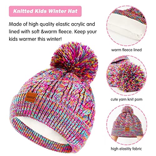 Kids Winter Hat Gloves Scarf Set,Girls Hats Beanie With Pom Knit Neck Warmer Gaiter Mittens Fleece Lined,Girls Accessories Cold Weather Set For Toddler Children Boys（Rainbow Mix） #TOP1