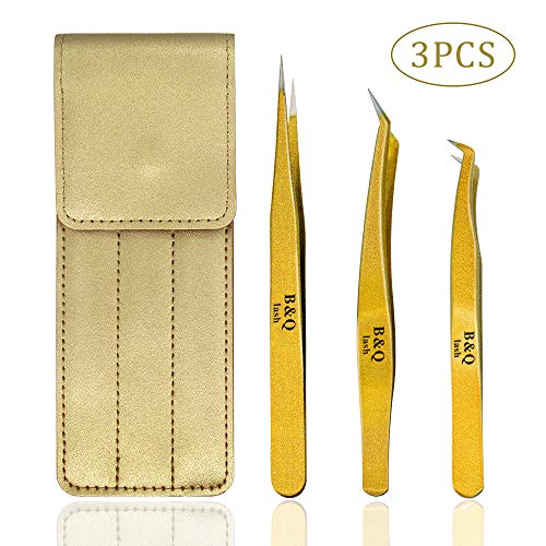 3 Pieces Eyelash Extension Tweezers Set Volume Tweezers Lash Extension Precision Tweezers Straight Lash Extension Tweezers Curved Tweezers Set Golden