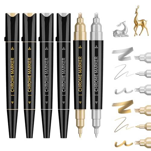 6 PCS Dual Tip Liquid Mirror Chrome Markers, Permanent Reflective Metallic Paint Pen with 3 Gold and 3 Silver, High Gloss DIY Model Painting, Touch Up Repair Kit for Plastic Metal Glass Resins ﻿