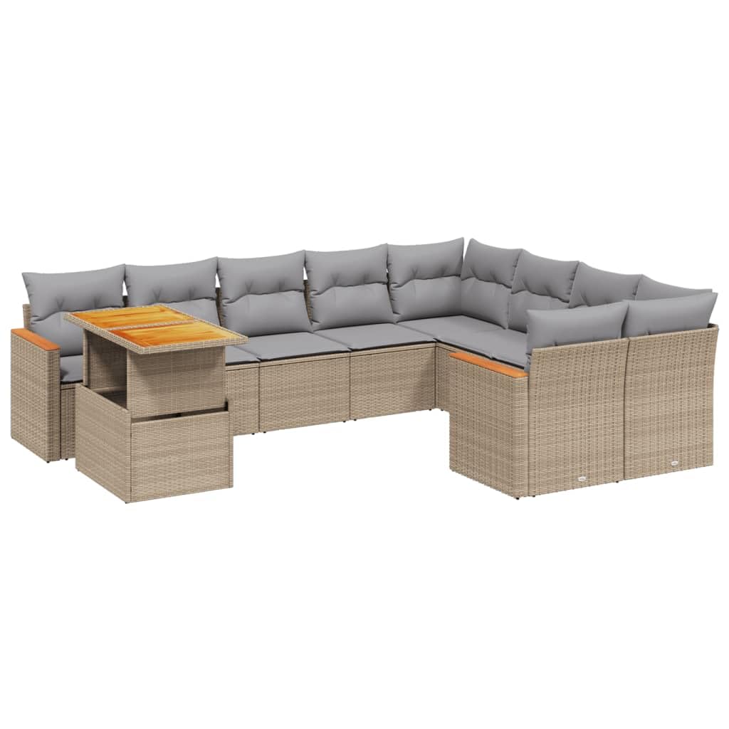 Set Divano da Giardino 10 pz con Cuscini Beige in Polyrattan,Set di Conversazione per Patio,Set Salotto da Esterno,Set Divano da Giardino Esterno-3273243