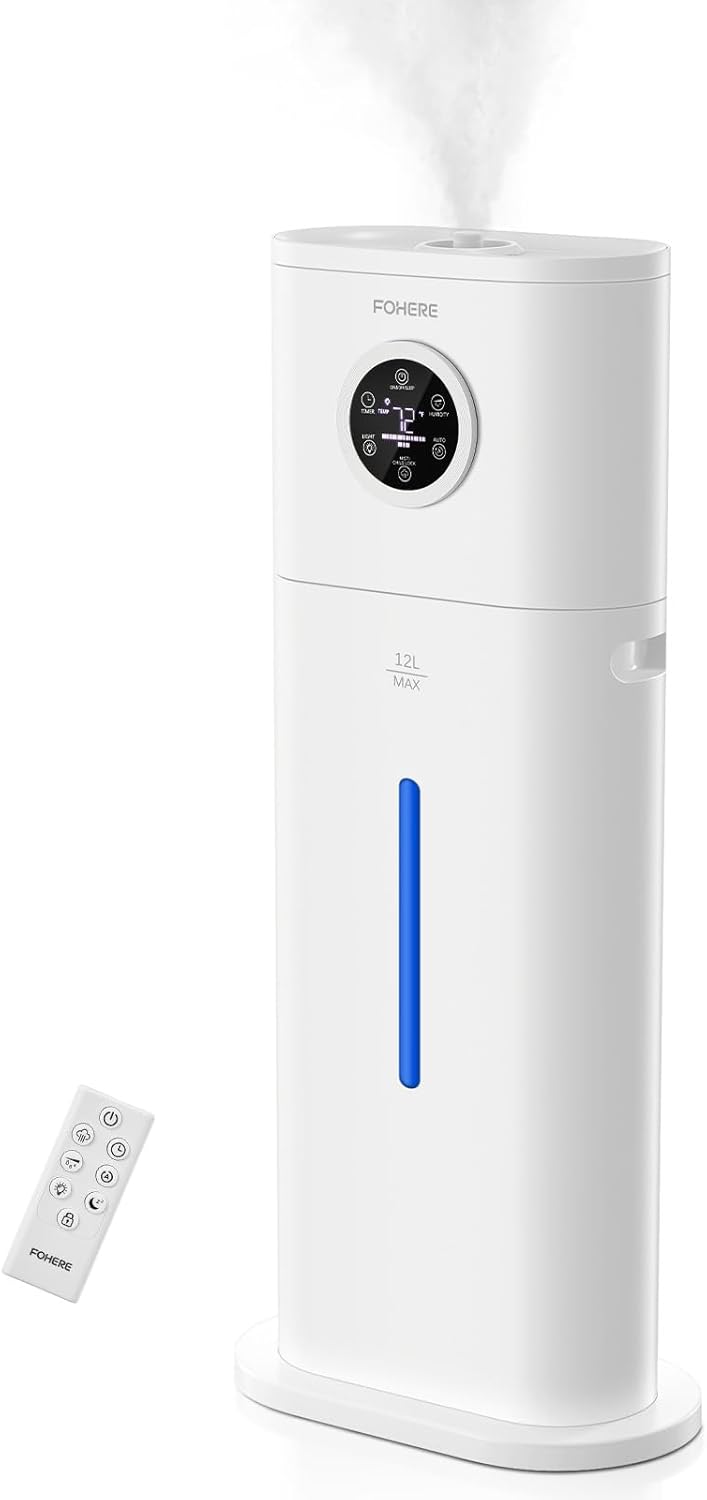 Humidifier for Large Room Home, 12L/3.17Gal Top Fill Cool Mist Ultrasonic Floor Quiet Humidifiers for Baby and Plants with Customized Humidity, Timer, Sleep Mode, Auto Shut Off, Quiet, White