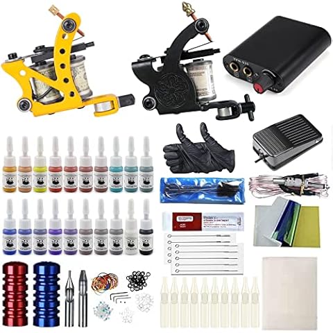 YLL Complete Tattoo Kit for Beginners,2 Pro Tattoo Machine Gun Kit with 20 Colors Permanent Tattoo Inks Tattoo Power Supply,Foot Pedal 10 Tattoo Needles Grips Tips Tattoo Supplies (TK109) Cover