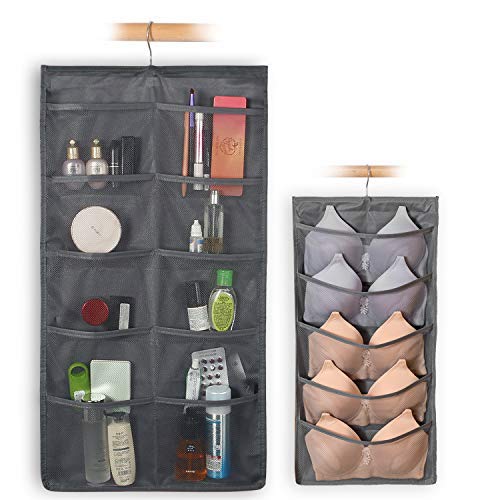 Closet & Door Hanging Organizer with Rotating Metal Hanger, Mesh Pockets and Dual Sided Wall Shelf Wardrobe Storage Bags for Bra Sock Shoe Jewelry Gadget