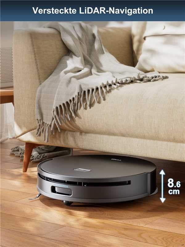Image of the TAB Fairy10 robot vacuum operating under a sofa, highlighting its hidden LiDAR navigation and compact design.