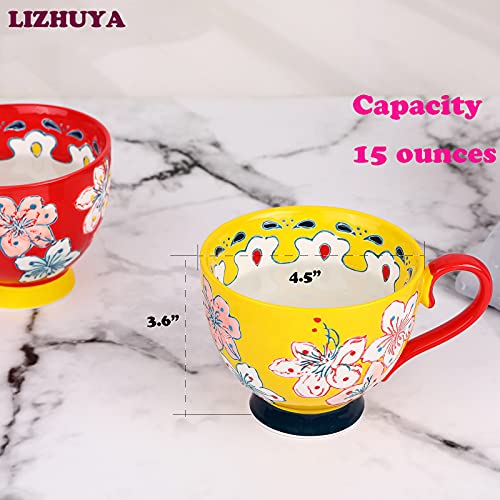 Lizhya 15 Ounce Large Ceramic Mug Sets Perfect For Coffee, Latte, Cappuccino, Tea, Cocoa, Cereal, Hot Chocolate - Hand Planted Porcelain Tea Mug Set Of 4 #TOP3