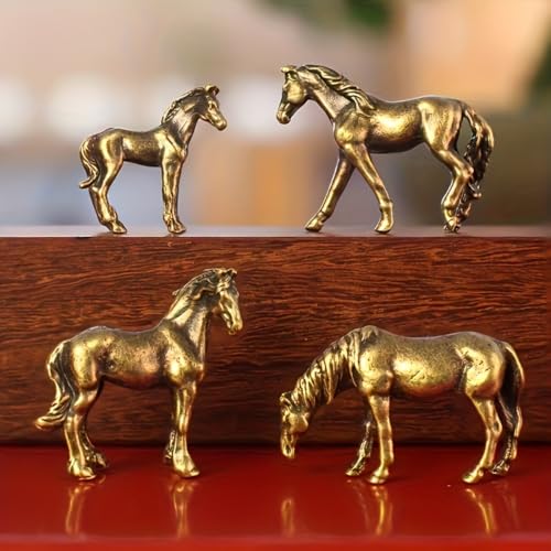 4 Mini Copper-Tone Horse Figurines Set - Small Horse Statues for Desk Shelf Mantel, Decorative Animal Sculptures for Home Office Decor, Giftable Tabletop Accents (Bronze)