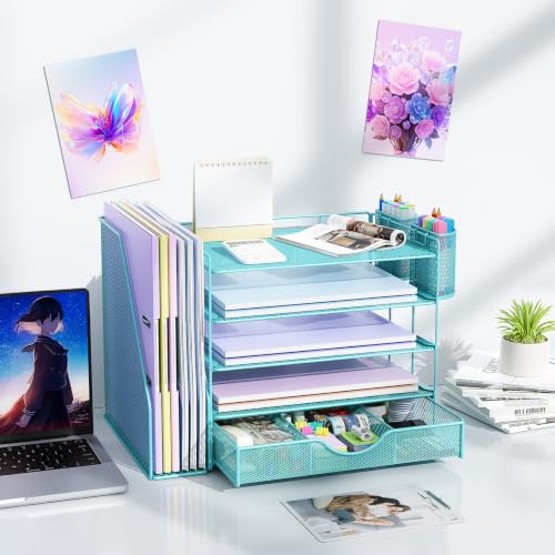 Image of gianotter 5-Tier Desk Organizer with Drawers and File Holders | Letter Trays and Pen Holders - Workspace Accessories for Office Supplies (Blue)