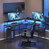 WASAGUN L Shaped Gaming Desk with Led Lights, Gaming Table with Power Outlets,55 inch Corner Compute