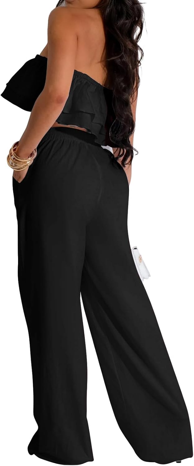 Elegant Two Piece Clothing Sets for Women Sexy Crop Top Long Wide Leg Pants Swimwear Bikini Coverups Vacation Beach - Image 2