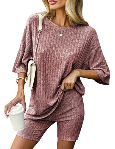 Image of Ekouaer Pajamas 2 Piece Lounge Sets Ribbed Knit Matching Outfits T-shirt Biker Shorts Sleepwear Loungewear Sweatsuits