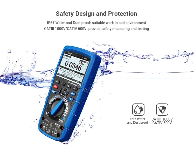 Multimeter DT-9979 by CEM True RMS AC/DC 1000V Digital Multimeter Tester AC DC 50000 counts,IP67 Waterproof and Auto Power Off Bluetooth interface
